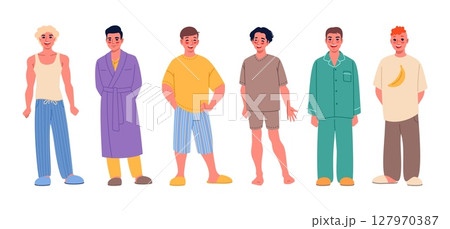 Male pajamas. Young handsome guys in sleepwear and home clothes, bathrobes, shorts and t shirts, happy men characters in sleeping underwear, cartoon flat style isolated classy vector set 127970387