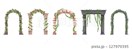 Stone arches with plants. Climbing vines and ivy, medieval and antique gates, overgrown ancient entrances, gothic cathedral brick doorway with leaves, architecture tidy vector isolated set 127970395
