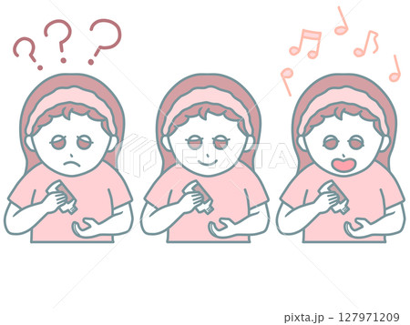 スキンケアをする女性のイラスト　悩み・笑顔・うきうき表情3パターンセット 127971209