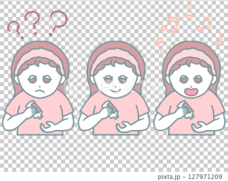 Illustration of a woman doing skin care: 3 facial expressions set: worried, smiling, and excited 127971209