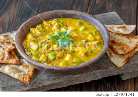 Fresh mango salsa served with tortilla chips in rustic wooden food setting Fresh mango salsa served with tortilla chips in rustic wooden food setting 127971341
