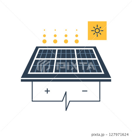 Solar panel and sun icon, autonomous electricity, source of energy Solar panel and sun icon, autonomous electricity, source of energy 127971624