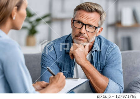 Psychologist listening to patient talking about problems during therapy session 127971768