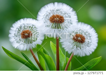 Three dandelions showing seeds with blurred green background 127971771