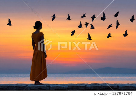 Woman watching birds flying at sunset over the sea 127971794