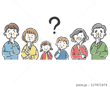 疑問を持つ三世代家族のイラスト素材　上半身　ベクター 127971874