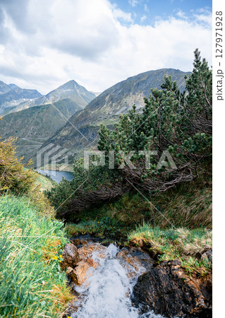 Mountain stream flowing through alpine meadow with scenic peaks in the Austrian Alps Mountain stream flowing through alpine meadow with scenic peaks in the Austrian Alps 127971928