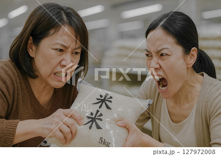 備蓄米を奪い合う日本人の中年女性と主婦 127972008