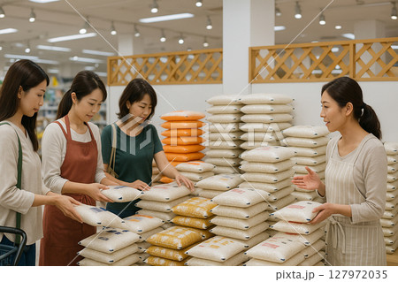 備蓄米売り場に集まる日本人の女性の主婦 備蓄米売り場に集まる日本人の女性の主婦 127972035