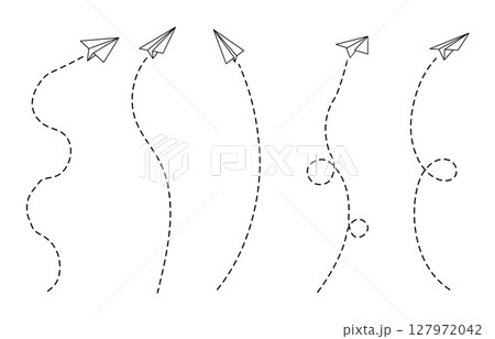 Paper plane and line set with path for flight or fly in the air by vector design. Outline airplane or jet craft shown as aero track or toy art. Simple concept illustration. Paper plane and line set with path for flight or fly in the air by vector design. Outline airplane or jet craft shown as aero track or toy art. Simple concept illustration. 127972042