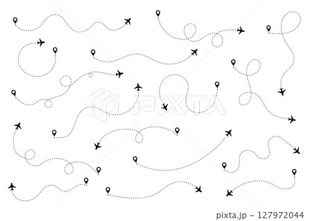 Line and plane icon for travel and flight trip with air map and vector path. A dashed route with dots and trace for airport plan or destination background. Simple graphic element. 127972044