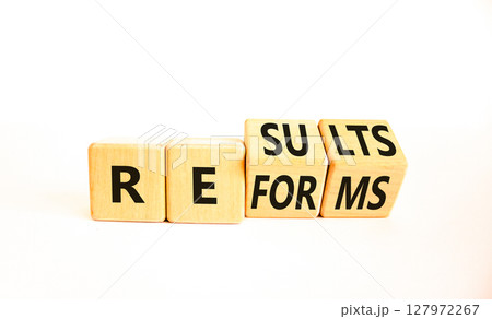 Reform and result symbol. Concept words Reforms Results on beautiful wooden block. Beautiful white table white background. Business Reforms and results concept. Copy space. Reform and result symbol. Concept words Reforms Results on beautiful wooden block. Beautiful white table white background. Business Reforms and results concept. Copy space. 127972267