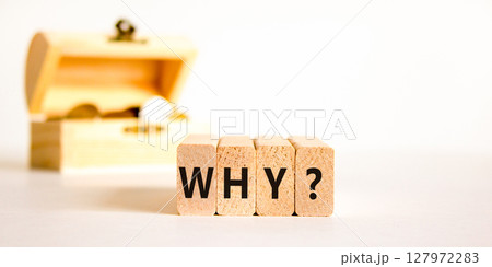 Why question symbol. Concept word Why question on beautiful wooden blocks. Chest with coins. Beautiful white table white background. Business, lifestyle, support and why question concept. Copy space. Why question symbol. Concept word Why question on beautiful wooden blocks. Chest with coins. Beautiful white table white background. Business, lifestyle, support and why question concept. Copy space. 127972283