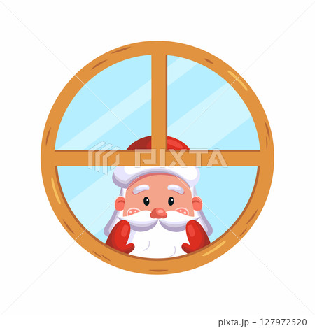 Santa Claus looks out window. Vector illustration for New Year. Cartoon style character. 127972520