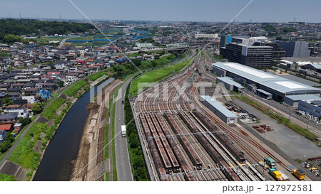 川和車両基地の地下鉄グリーンライン（空撮） - 横浜市都筑区,日本 127972581