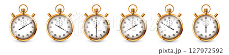 Realistic classic stopwatch. Shiny golden metal chronometer, time counter with dial. Countdown timer showing minutes and seconds. Time measurement for sport, start, finish. Vector illustration 127972592