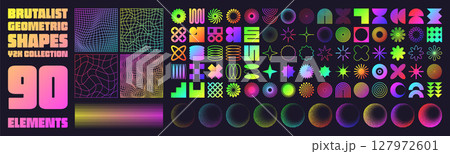 Brutalist geometric shapes, neon modern symbols. Groovy checkered pattern, distorted tiled grid. Simple elements, forms. Retro design, trendy contemporary minimalist style, y2k. Vector illustration 127972601