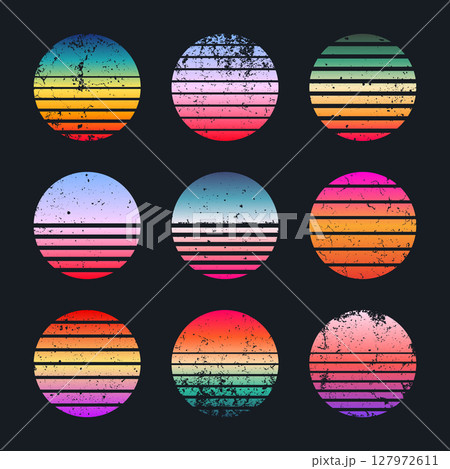 Grunge vintage colorful sunset. Striped gradient sunrise badges in 80s and 90s style. Sun and ocean view, summer vibes, surfing. Design element for print, logo or t-shirt. Vector illustration 127972611