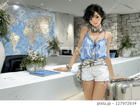 ホテルにチェックイン　笑顔の若い女性観光客のイラスト素材 127972634