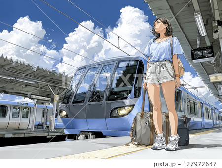 電車で旅行に出かける女性のイラスト素材 127972637