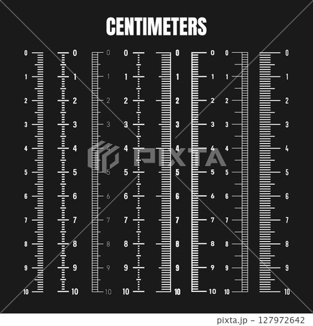 Vertical centimeter scale for measuring length or height. Various measurement scales with divisions. Ruler, tape measure marks, size indicators. Vector illustration 127972642