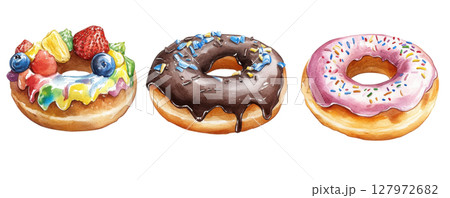 Donuts transparent watercolor PNG clipart isolated on white background. 127972682