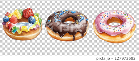 Donuts transparent watercolor PNG clipart isolated on white background. 127972682