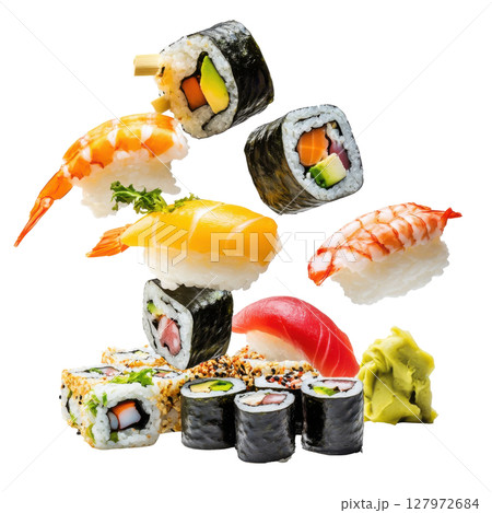 Sushi falling isolated on white background transparent PNG clipart. 127972684
