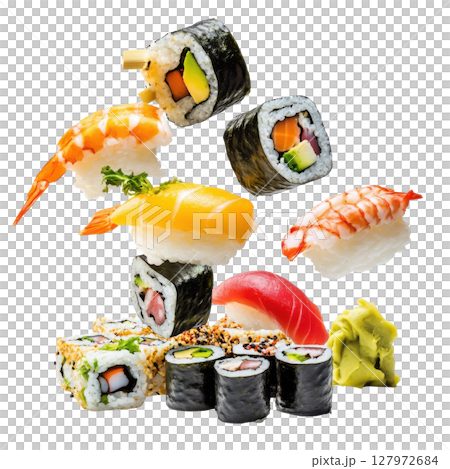 Sushi falling isolated on white background transparent PNG clipart. 127972684