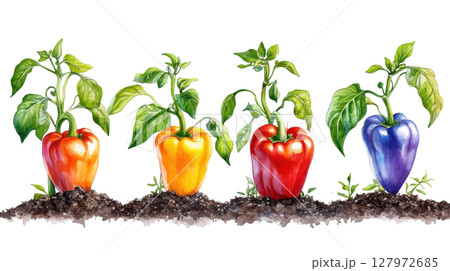 Bell pepper with soil transparent watercolor PNG clipart isolated on white background. 127972685