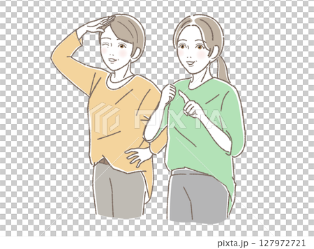 遠くをみて微笑む中高年女性二人 127972721