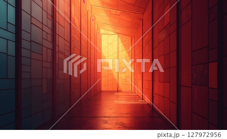 Abstract geometric structure with tiled depth, warm gradient light 127972956