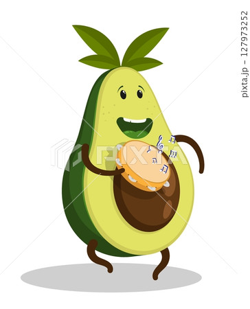 Cheerful avocado character street performers play the tambourine prepare for a carnival concert. Cartoon vector isolated on white background 127973252