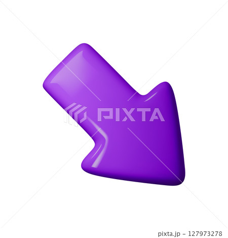 Bright purple 3D arrow vector illustration, pointing downwards. Perfect for web design, infographics, or app interfaces. Vibrant, glossy style ideal for modern digital projects. 127973278