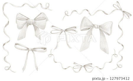 Watercolor illustration of pastel white Ribbons and Bows with curls. Drawing for Baby shower greeting cards or wedding invitations. Art for gift decorations or nursery designs. 127973412