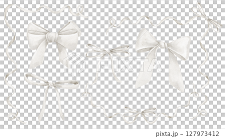 Watercolor illustration of pastel white Ribbons and Bows with curls. Drawing for Baby shower greeting cards or wedding invitations. Art for gift decorations or nursery designs. 127973412