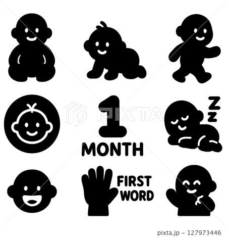 Collection of baby icons representing milestones like crawling, walking, and first words Collection of baby icons representing milestones like crawling, walking, and first words 127973446