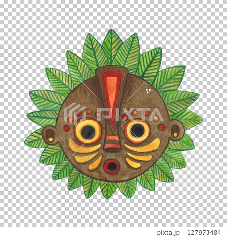 African brown round mask with green leaves and bright color pattern. Watercolor hand drawn illustration, cartoon. Drawing for print, stickers, cards, poster. Africa, mask, bright, holiday, red, orange African brown round mask with green leaves and bright color pattern. Watercolor hand drawn illustration, cartoon. Drawing for print, stickers, cards, poster. Africa, mask, bright, holiday, red, orange 127973484