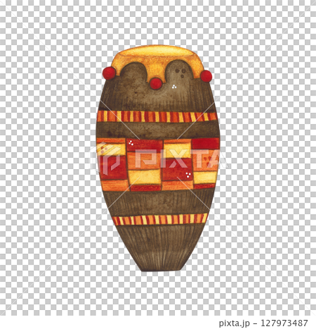 African traditional drum. Watercolor hand drawn illustration, cartoon. Drawing for print, stickers, cards, poster. Africa, music, instrument, bright, holiday, red, orange, yellow, brown 127973487