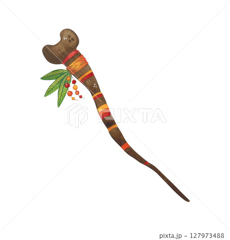 African chief's walking stick, rain staff. Watercolor illustration hand drawn, cartoon. Drawing for print, stickers, cards, poster. Africa, music, instrument, bright, holiday, red, orange, yellow 127973488