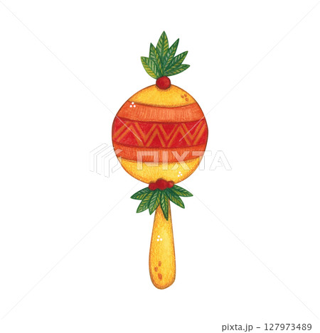 Musical instrument maraca decorated with green leaves. Watercolor illustration hand drawn, cartoon. Drawing for print, stickers, cards, poster. Africa, music, instrument, bright, holiday, red, orange Musical instrument maraca decorated with green leaves. Watercolor illustration hand drawn, cartoon. Drawing for print, stickers, cards, poster. Africa, music, instrument, bright, holiday, red, orange 127973489