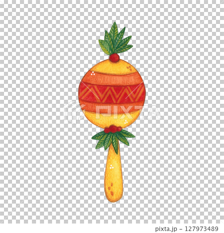 Musical instrument maraca decorated with green leaves. Watercolor illustration hand drawn, cartoon. Drawing for print, stickers, cards, poster. Africa, music, instrument, bright, holiday, red, orange 127973489