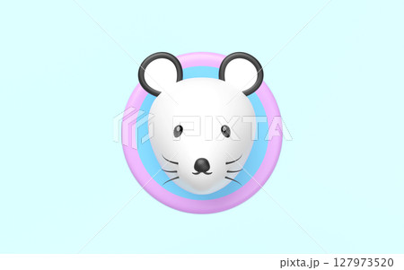 Minimalist 3D render of an adorable white mouse head with black ears, eyes, nose, and whiskers, centered within colorful circle on a light blue background. Cartoon character or cute icon. 127973520