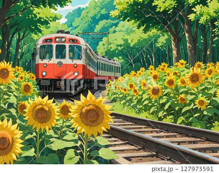 向日葵と列車のアニメ風イラスト 127973591
