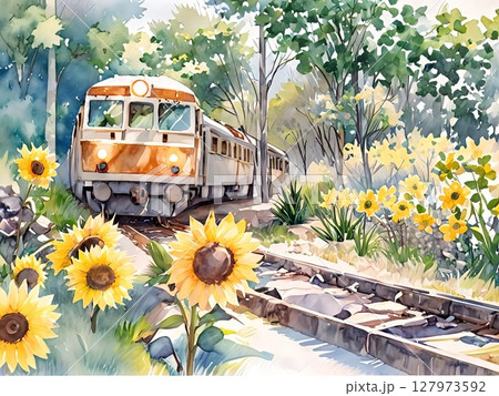 向日葵と列車の水彩画風イラスト 127973592