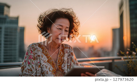 Elderly woman with curly hair reads tablet on rooftop at sunset, surrounded by city buildings 127973620