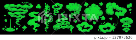 Smell cloud with toxic green gas, and stink cartoon smoke shapes in comic style. Fart and bad smell vector elements with vapor clouds. Perfect for funny design 127973626