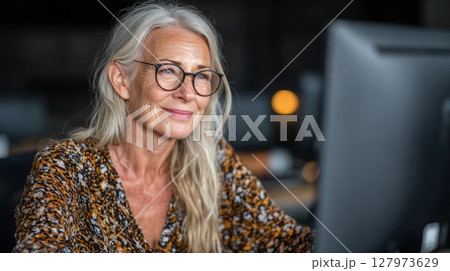 Elderly woman with glasses browsing on a desktop computer 127973629