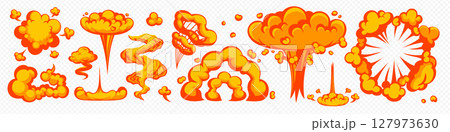 Comic explosion fire, smoke and bomb blast isolated on transparent background. Cartoon vector flame and cloud effect in comic style. Perfect for games, motion designs, stickers 127973630