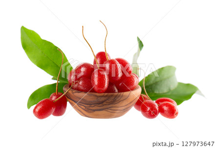Elaeagnus multiflora isolated on white background. Cherry elaeagnus or cherry silverberry in wooden bowl. Goumi or gumi berry. 127973647